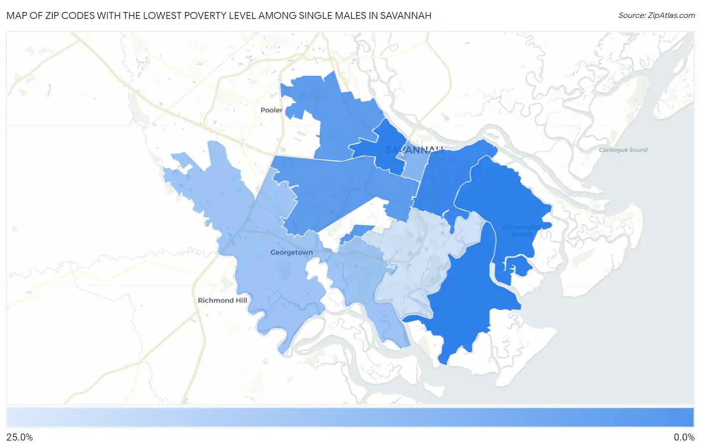 Zip Codes with the Lowest Poverty Level Among Single Males in Savannah Map