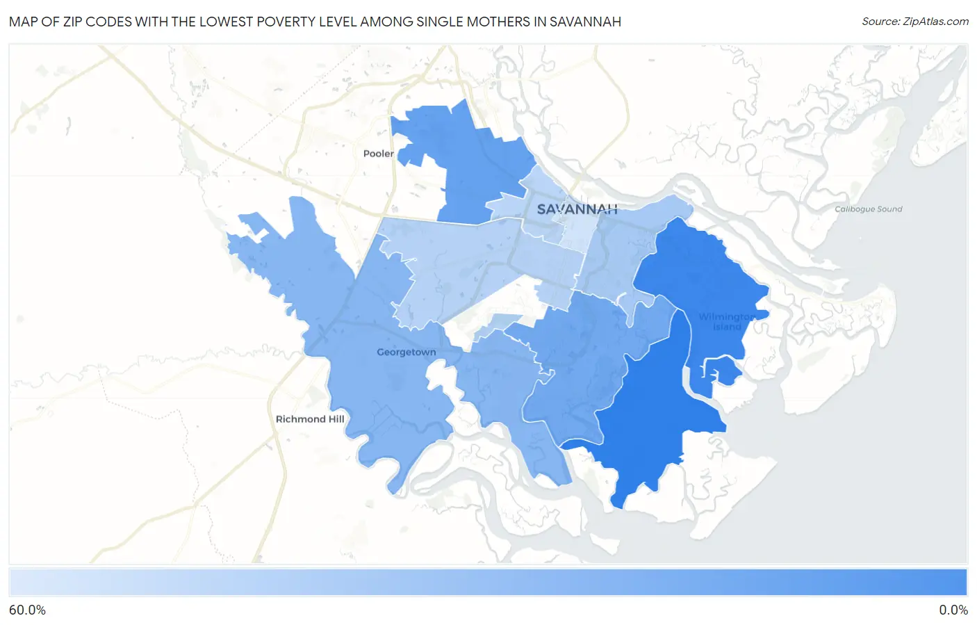 Zip Codes with the Lowest Poverty Level Among Single Mothers in Savannah Map