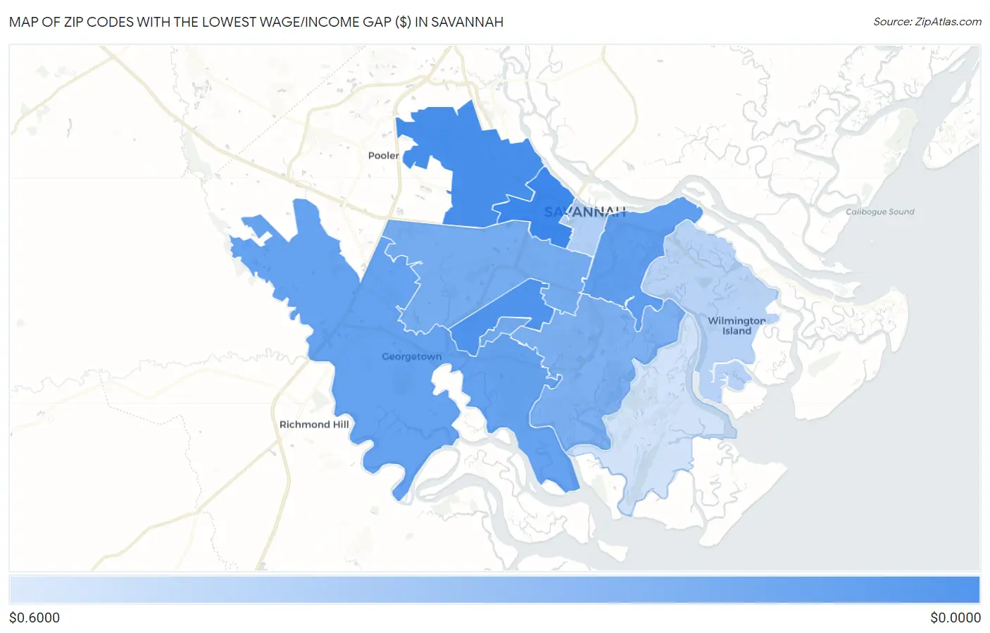 Zip Codes with the Lowest Wage/Income Gap ($) in Savannah Map