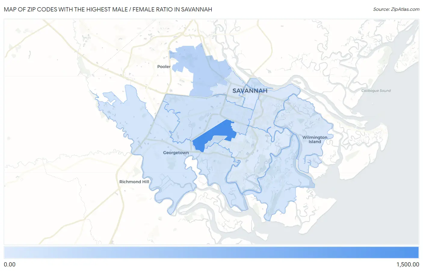 Zip Codes with the Highest Male / Female Ratio in Savannah Map