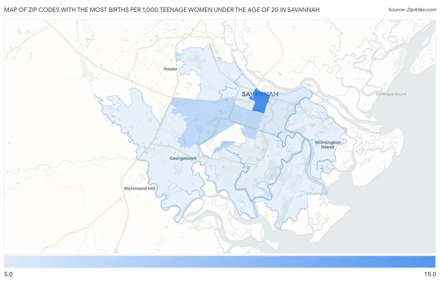 Zip Codes with the Most Births per 1,000 Teenage Women Under the Age of 20 in Savannah Map
