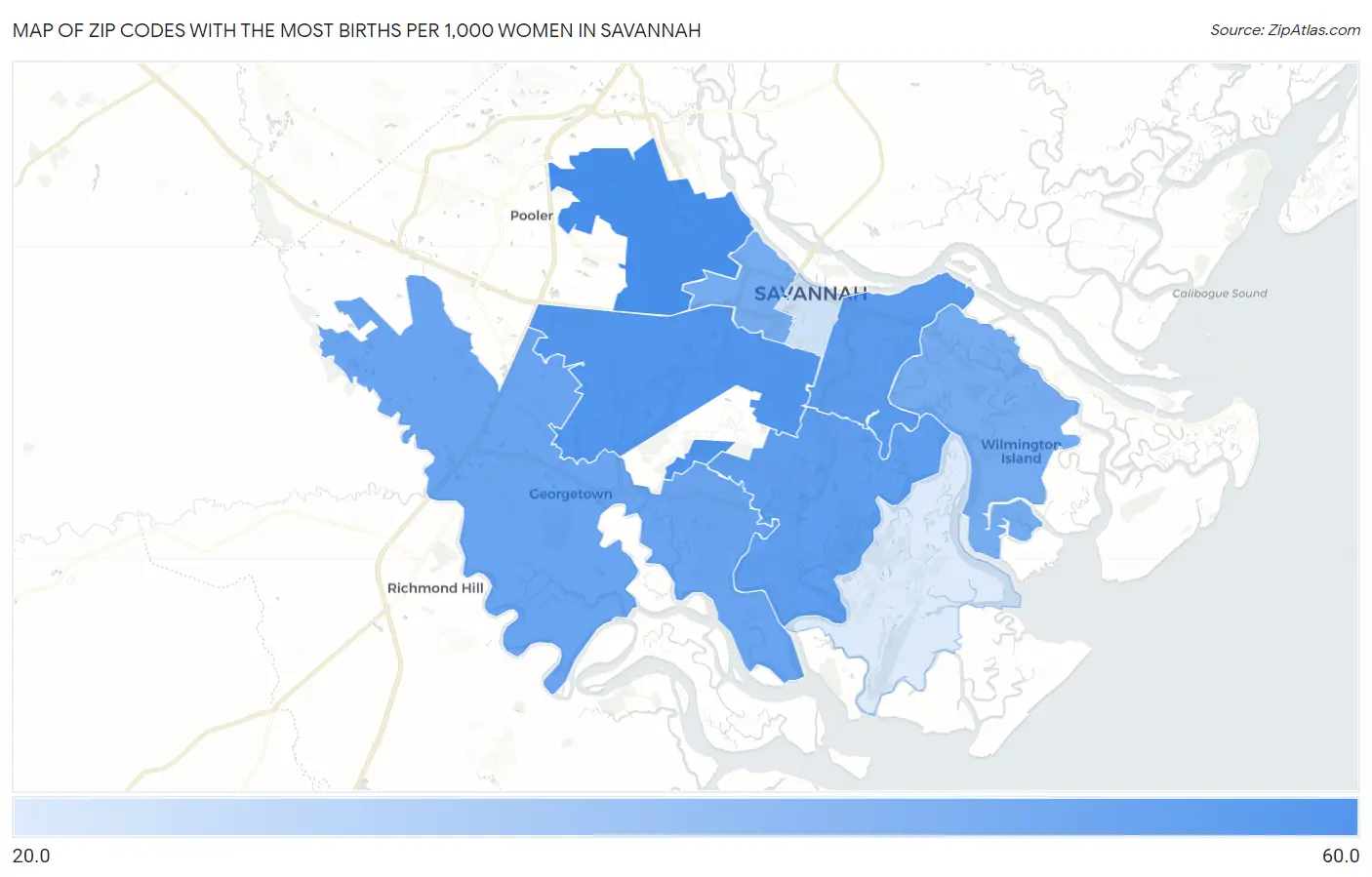 Zip Codes with the Most Births per 1,000 Women in Savannah Map