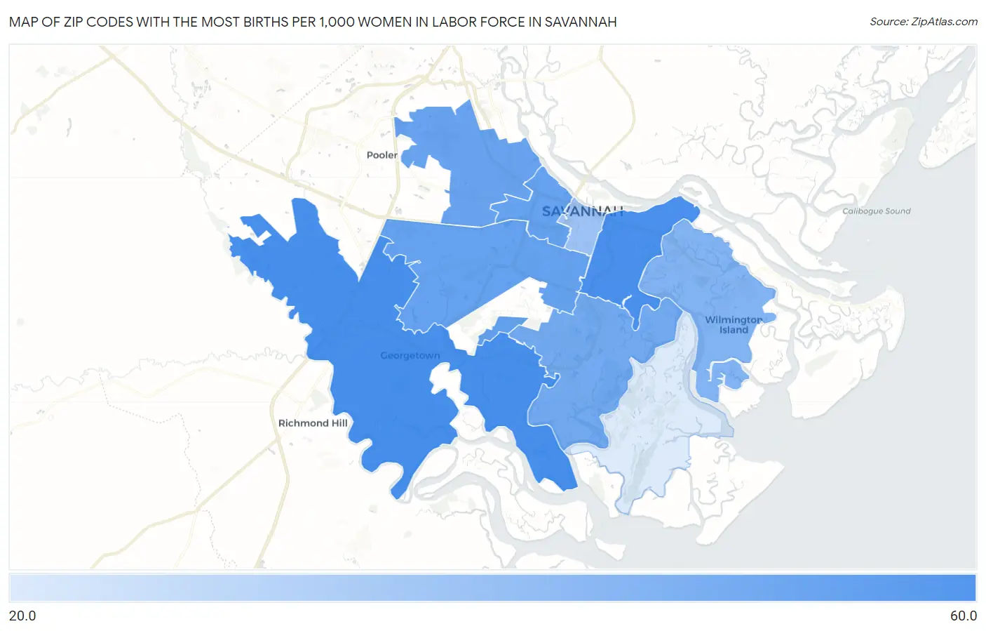 Zip Codes with the Most Births per 1,000 Women in Labor Force in Savannah Map