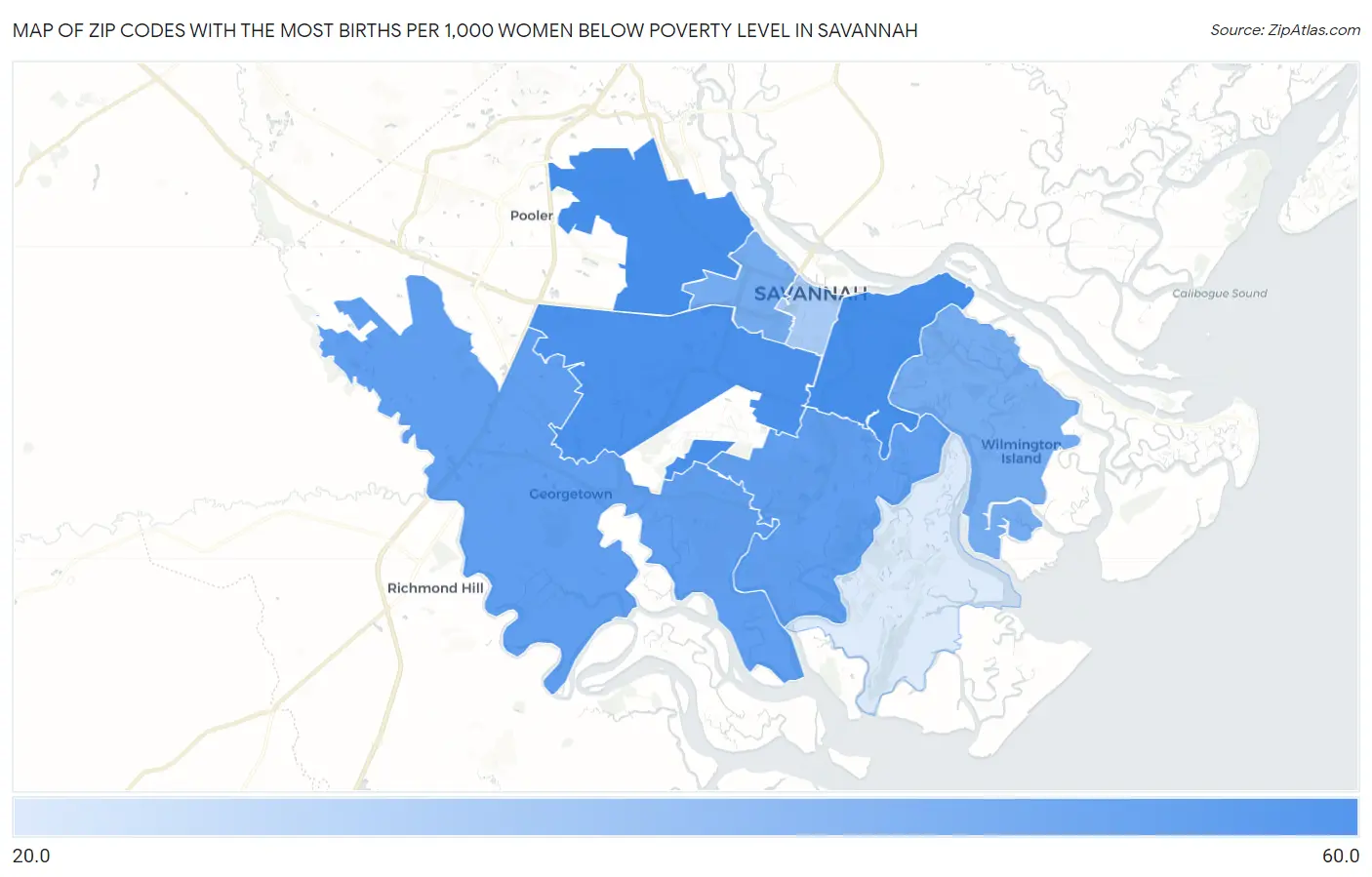 Zip Codes with the Most Births per 1,000 Women Below Poverty Level in Savannah Map