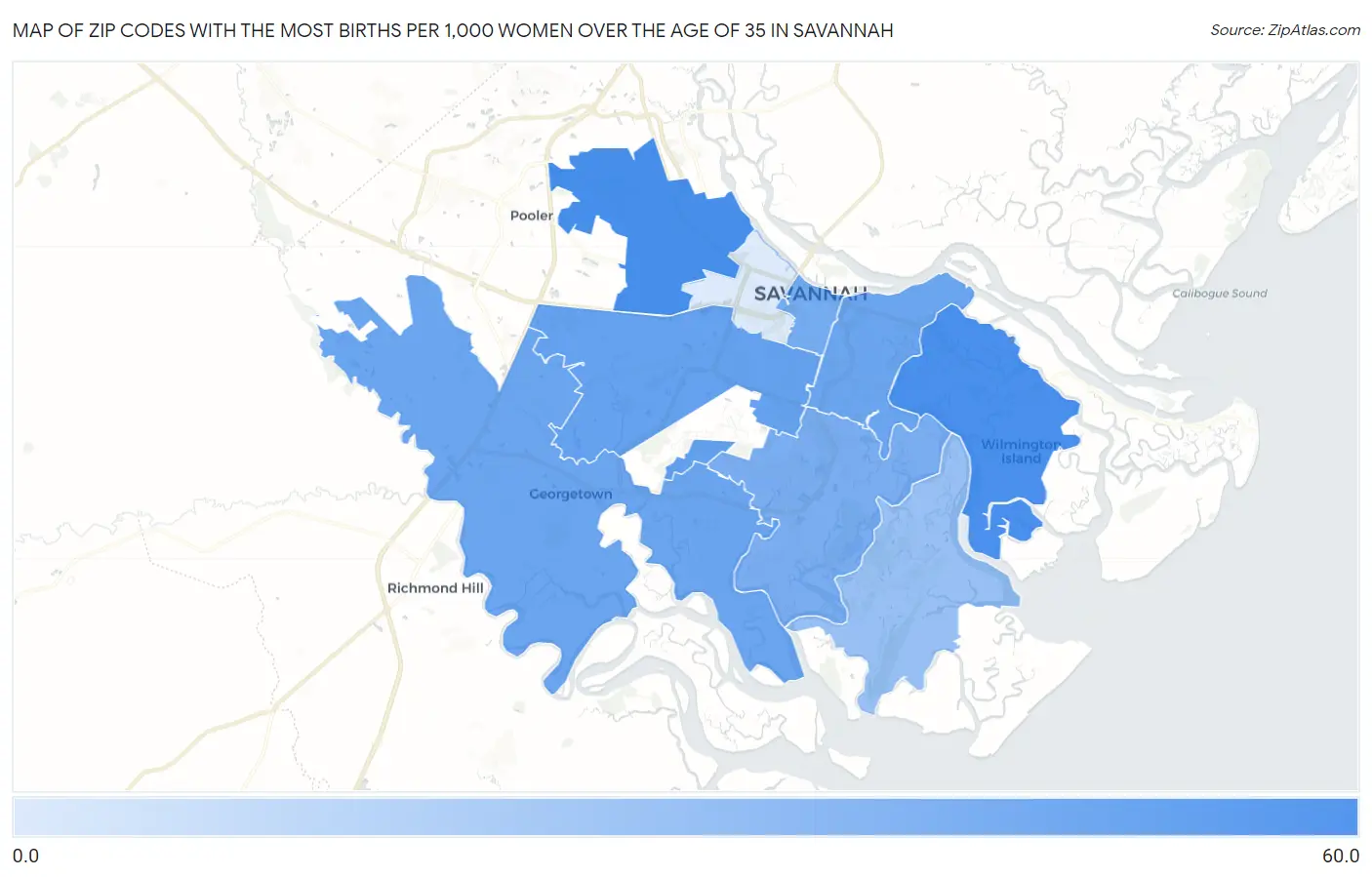Zip Codes with the Most Births per 1,000 Women Over the Age of 35 in Savannah Map