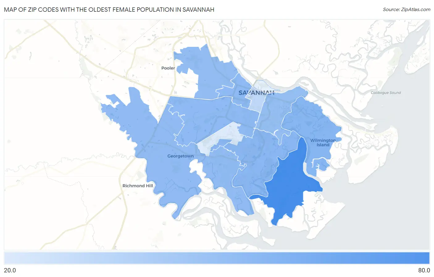 Zip Codes with the Oldest Female Population in Savannah Map