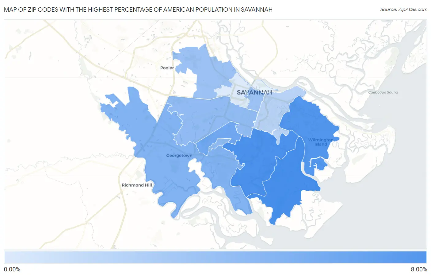 Zip Codes with the Highest Percentage of American Population in Savannah Map