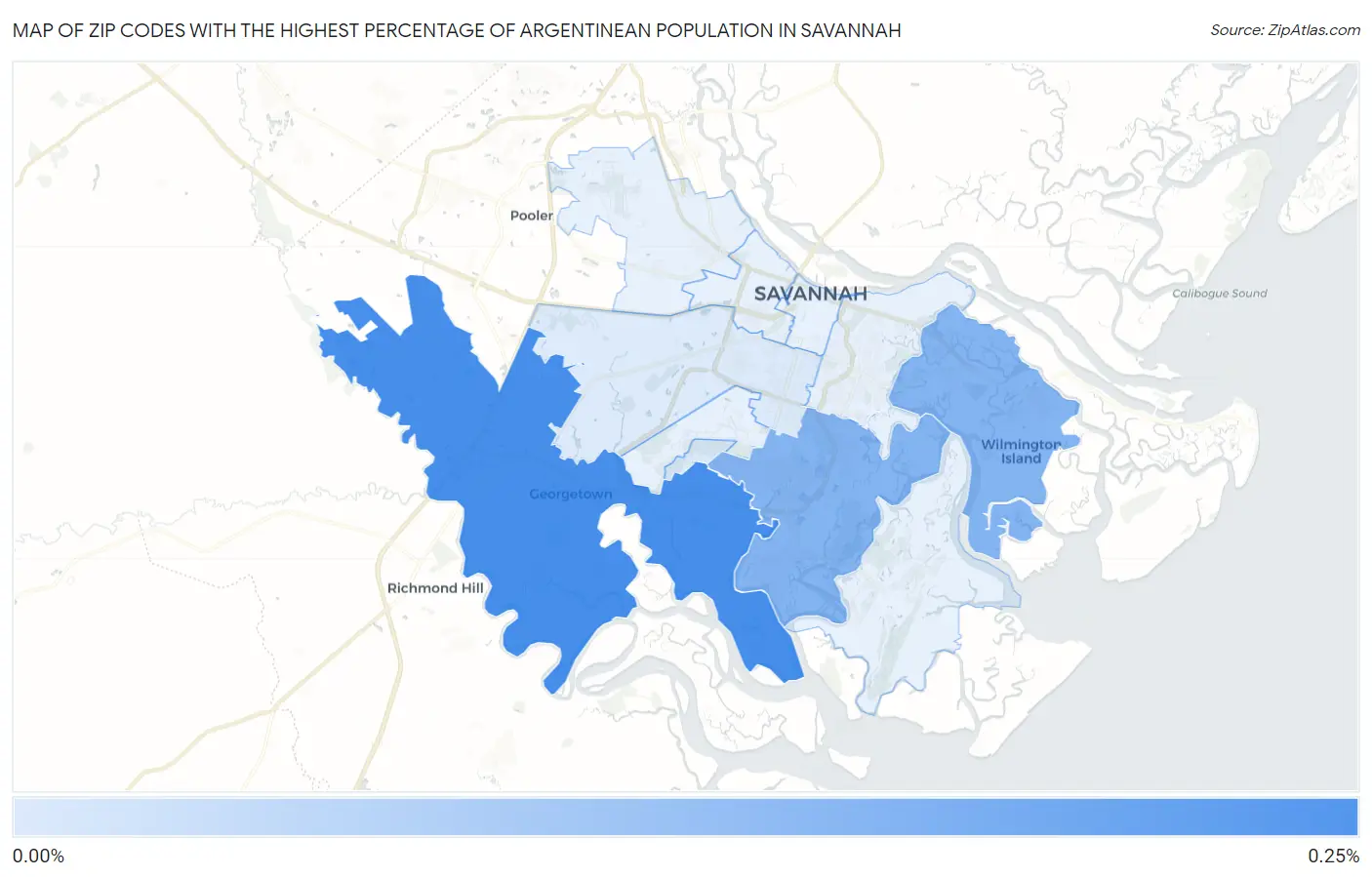Zip Codes with the Highest Percentage of Argentinean Population in Savannah Map