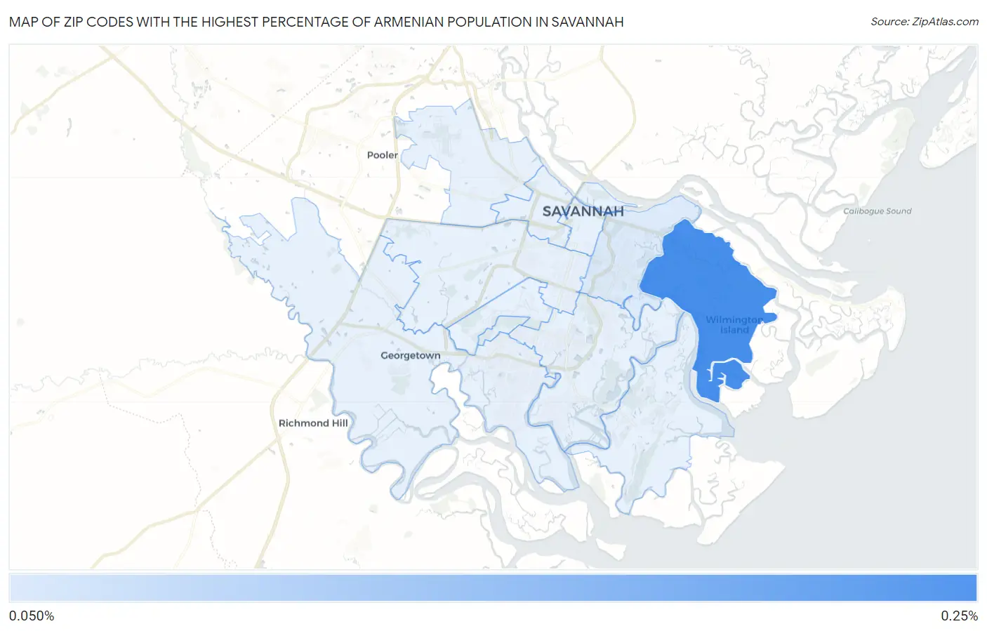 Zip Codes with the Highest Percentage of Armenian Population in Savannah Map
