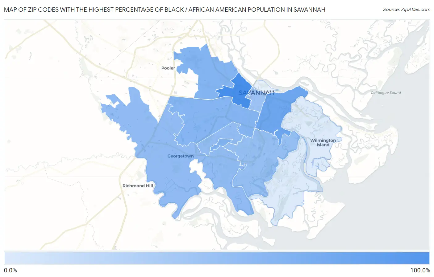 Zip Codes with the Highest Percentage of Black / African American Population in Savannah Map