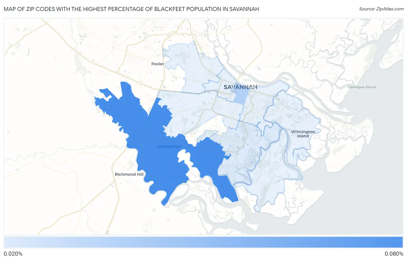 Zip Codes with the Highest Percentage of Blackfeet Population in Savannah Map