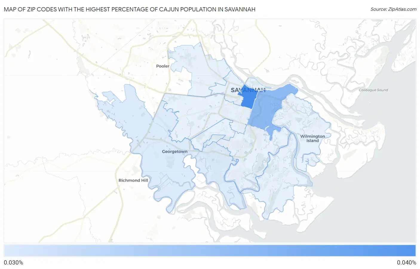 Zip Codes with the Highest Percentage of Cajun Population in Savannah Map