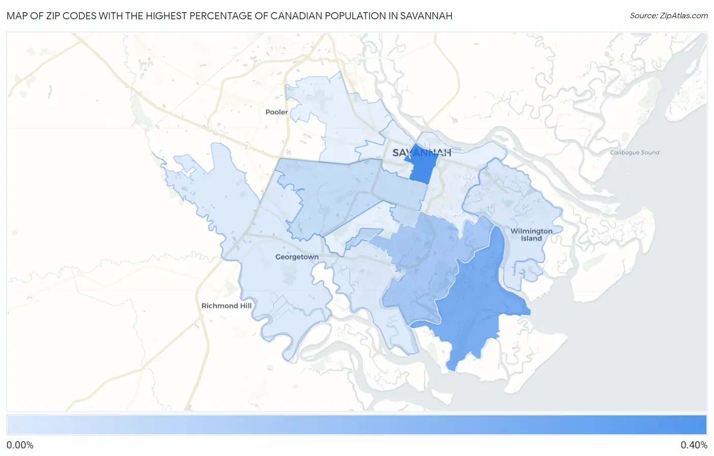 Zip Codes with the Highest Percentage of Canadian Population in Savannah Map
