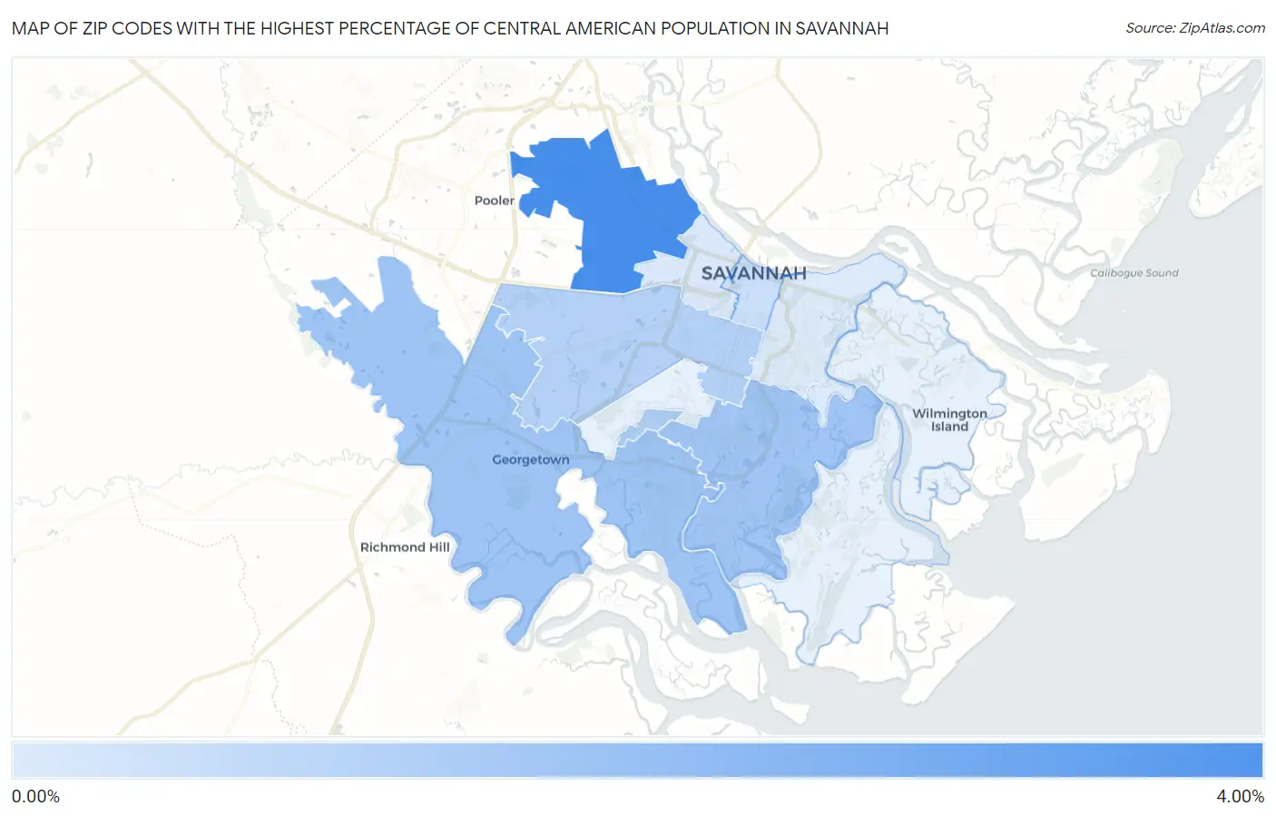 Zip Codes with the Highest Percentage of Central American Population in Savannah Map