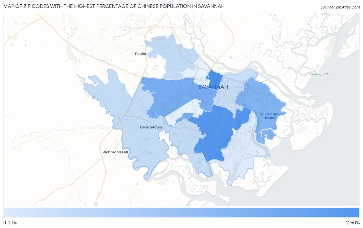 Zip Codes with the Highest Percentage of Chinese Population in Savannah Map