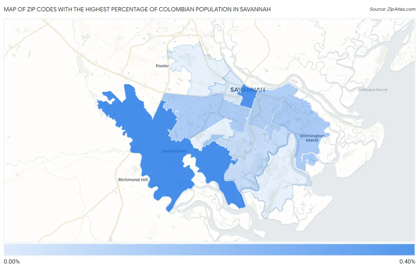 Zip Codes with the Highest Percentage of Colombian Population in Savannah Map