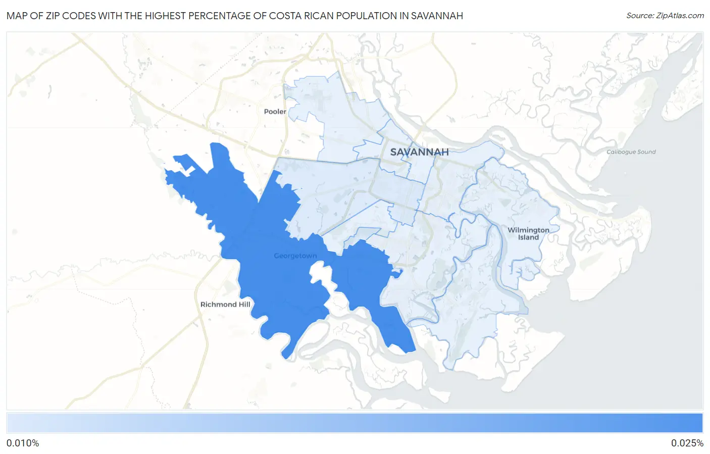 Zip Codes with the Highest Percentage of Costa Rican Population in Savannah Map
