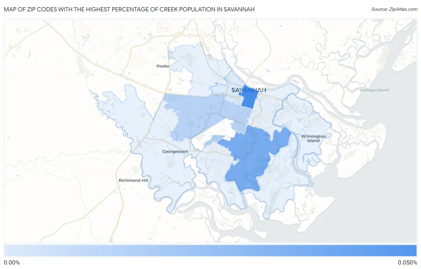Zip Codes with the Highest Percentage of Creek Population in Savannah Map