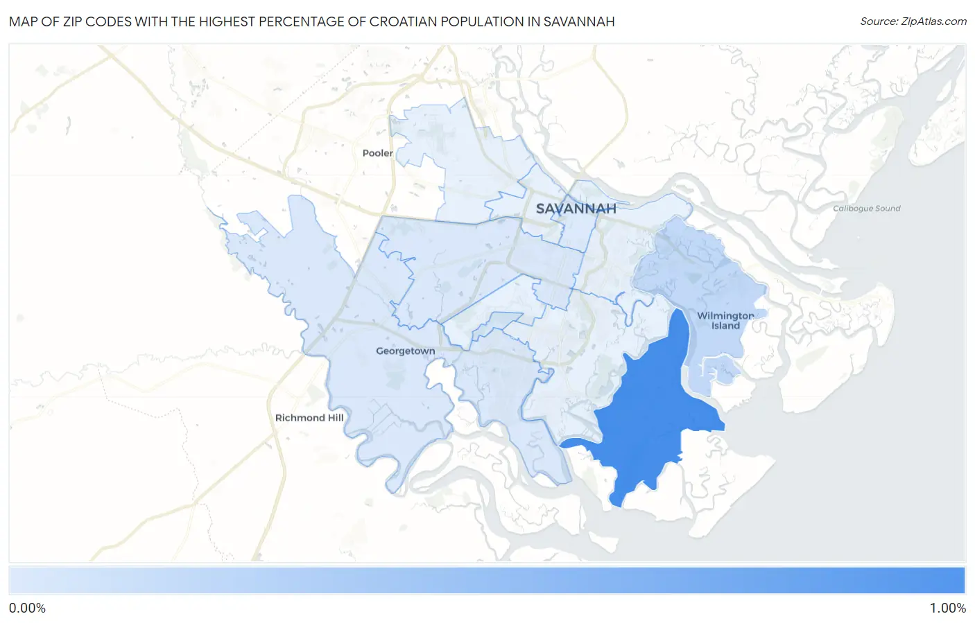 Zip Codes with the Highest Percentage of Croatian Population in Savannah Map