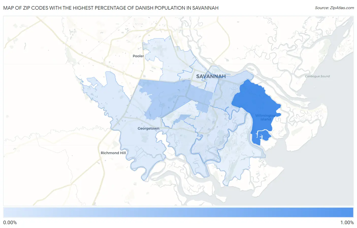 Zip Codes with the Highest Percentage of Danish Population in Savannah Map