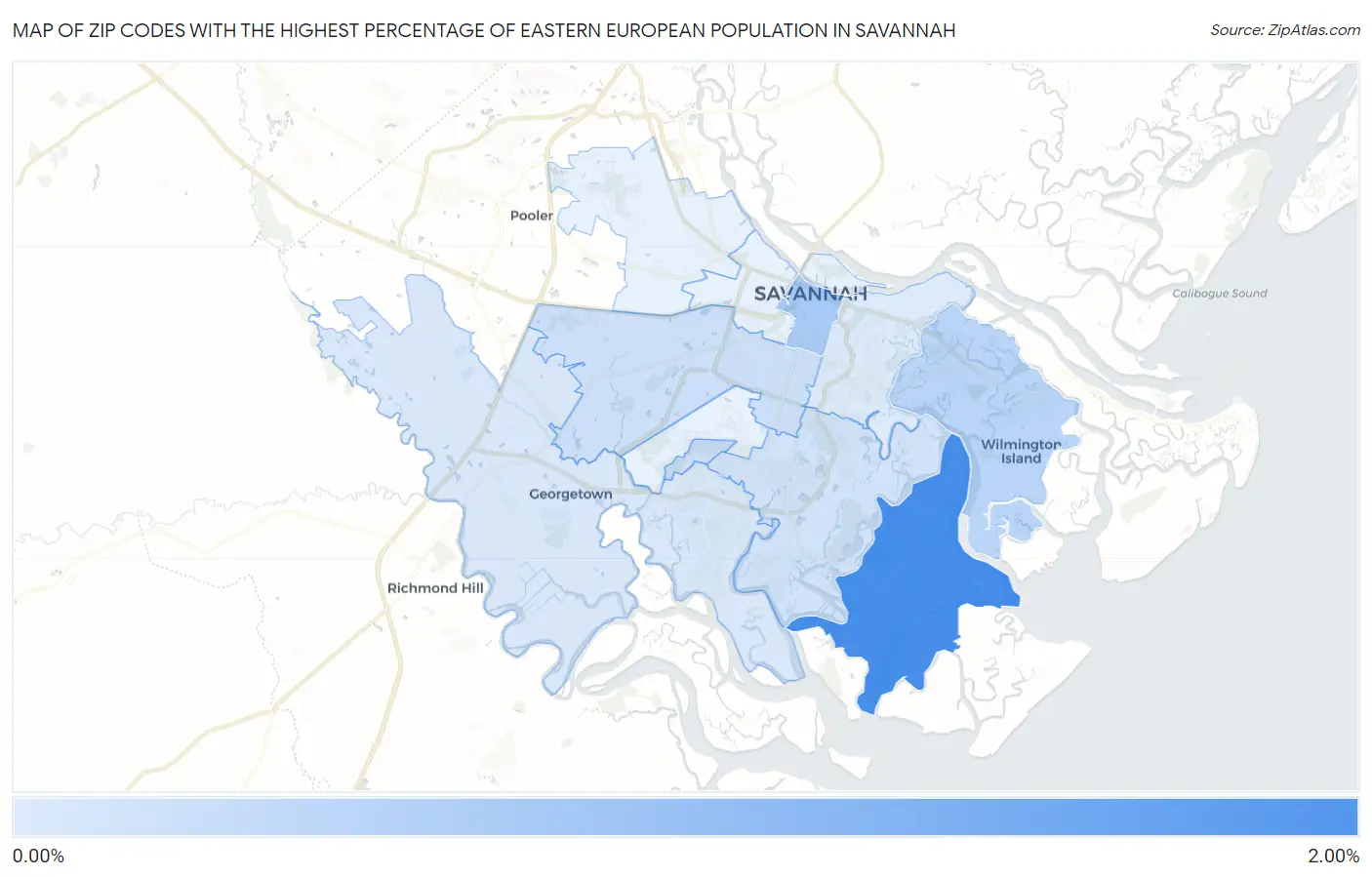 Zip Codes with the Highest Percentage of Eastern European Population in Savannah Map