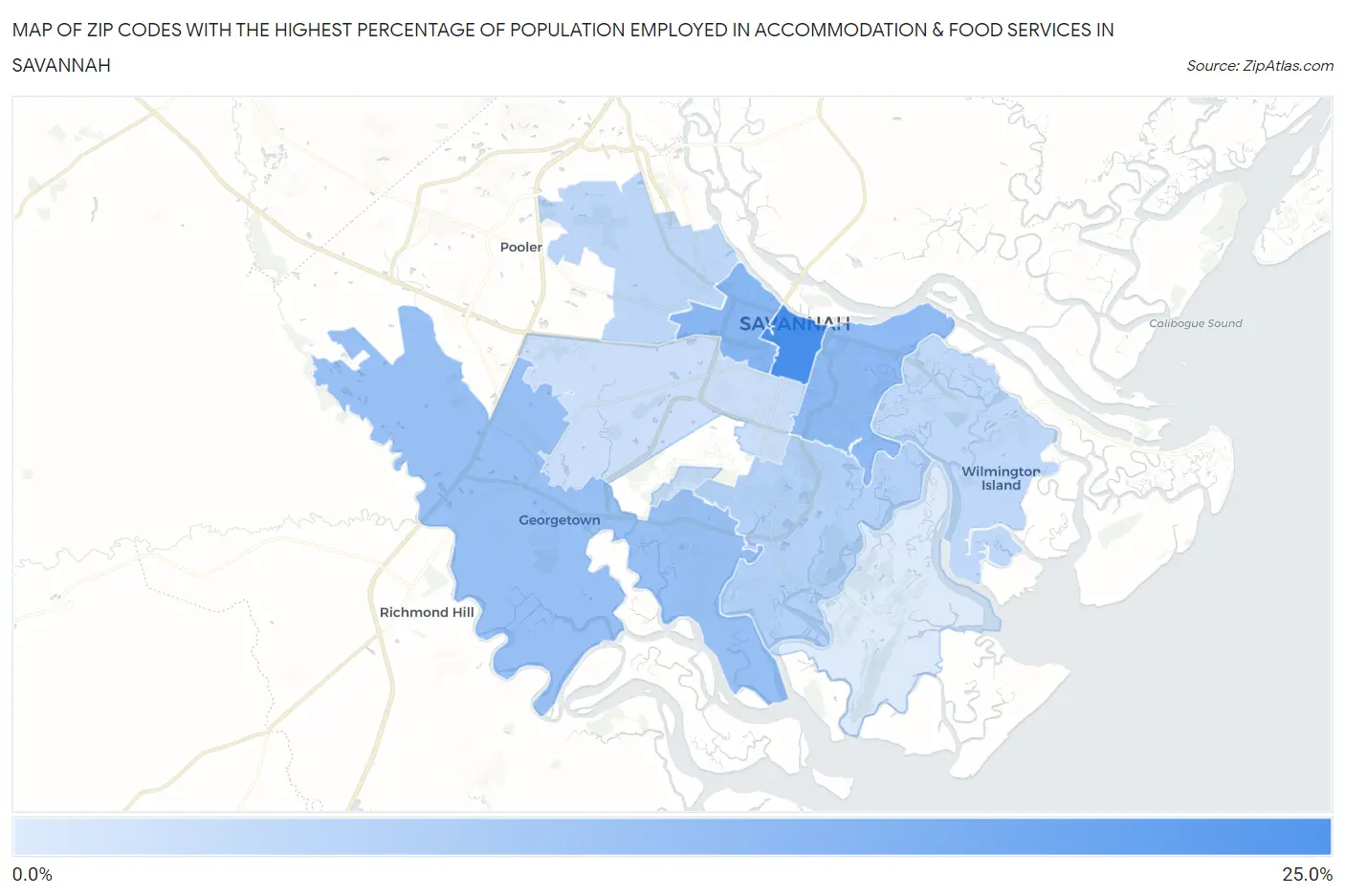 Zip Codes with the Highest Percentage of Population Employed in Accommodation & Food Services in Savannah Map