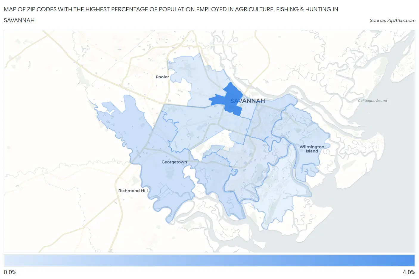 Zip Codes with the Highest Percentage of Population Employed in Agriculture, Fishing & Hunting in Savannah Map