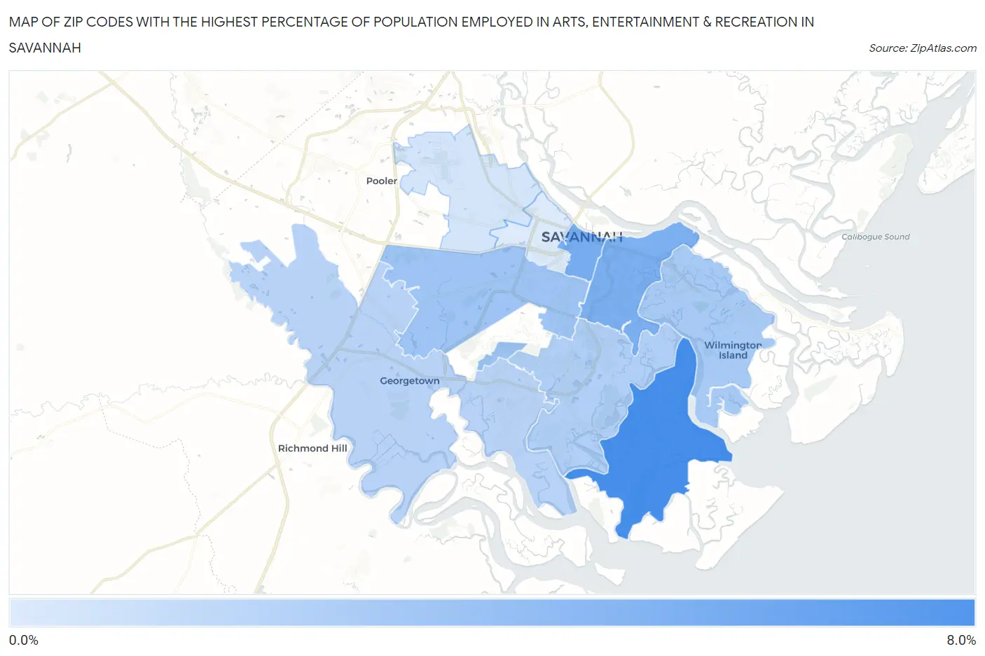 Zip Codes with the Highest Percentage of Population Employed in Arts, Entertainment & Recreation in Savannah Map