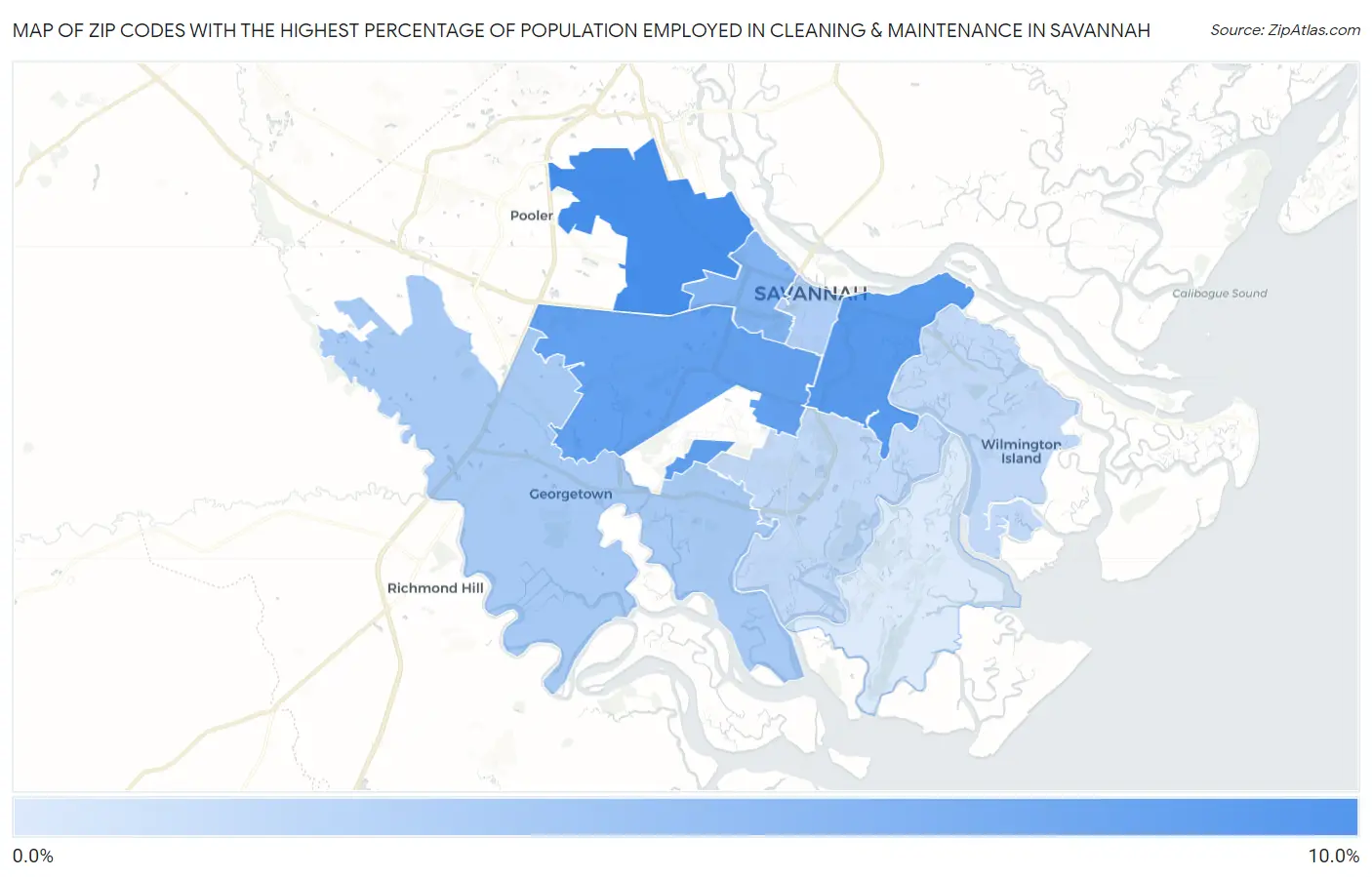 Zip Codes with the Highest Percentage of Population Employed in Cleaning & Maintenance in Savannah Map