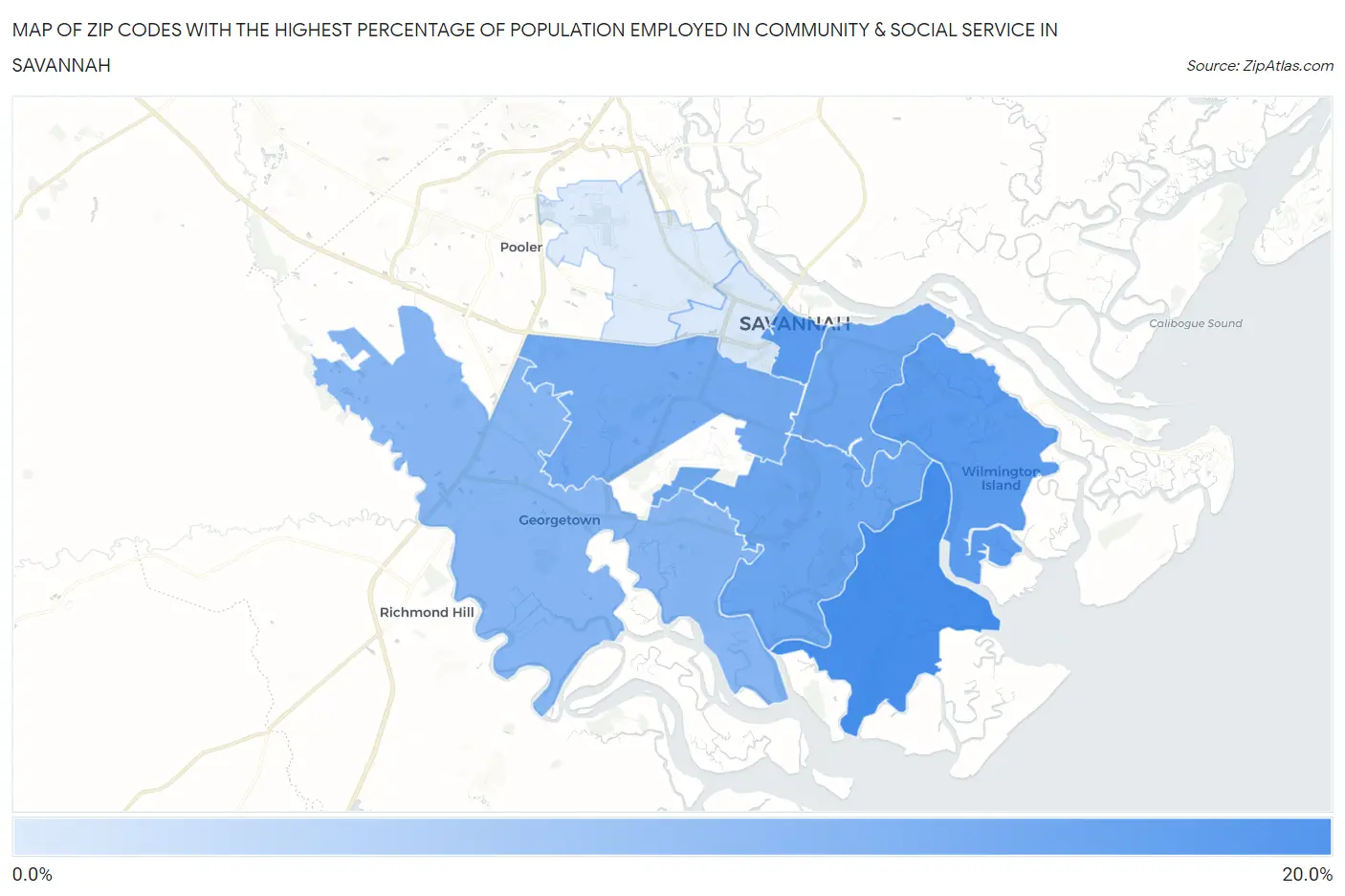Zip Codes with the Highest Percentage of Population Employed in Community & Social Service  in Savannah Map