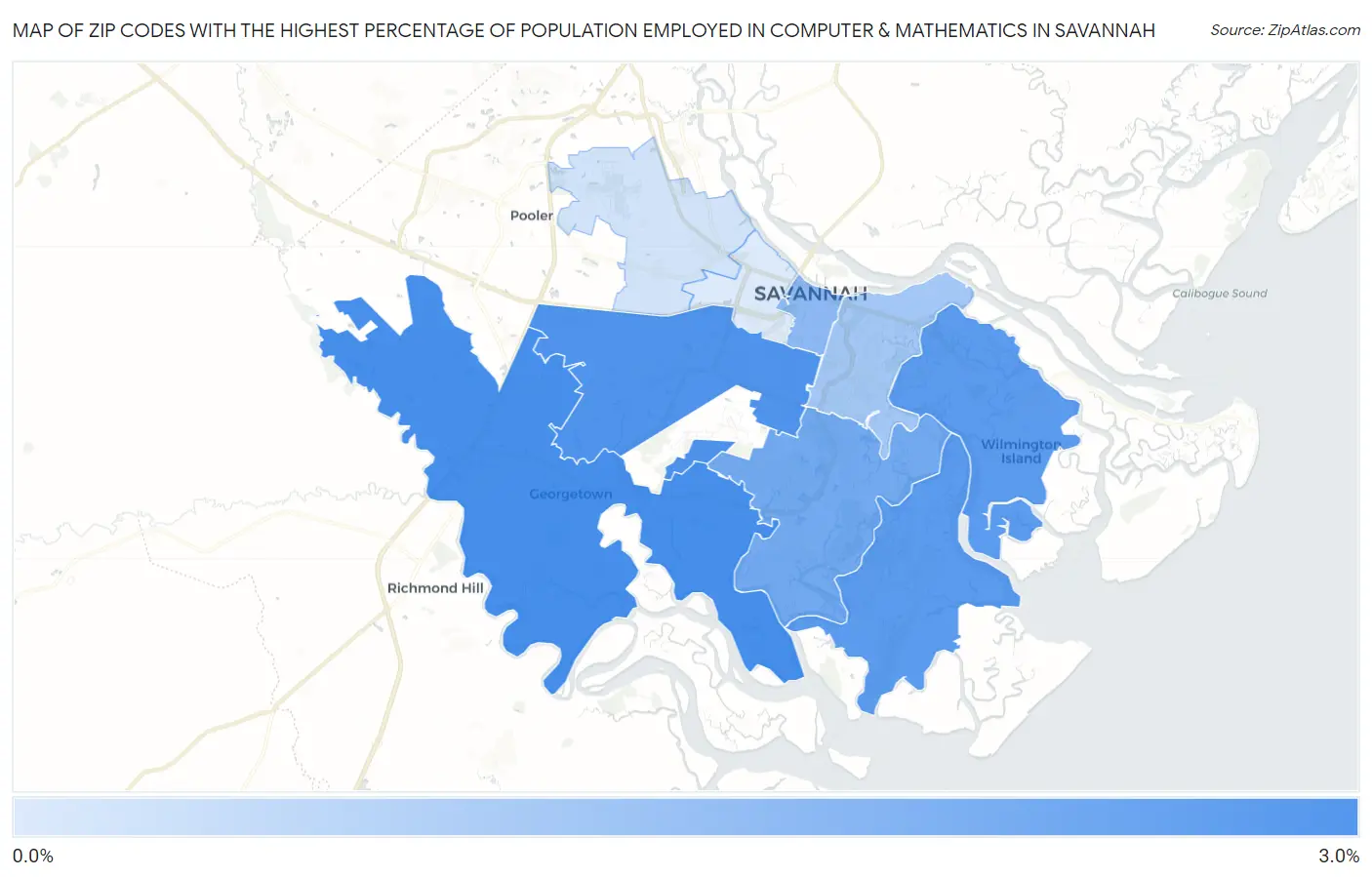 Zip Codes with the Highest Percentage of Population Employed in Computer & Mathematics in Savannah Map