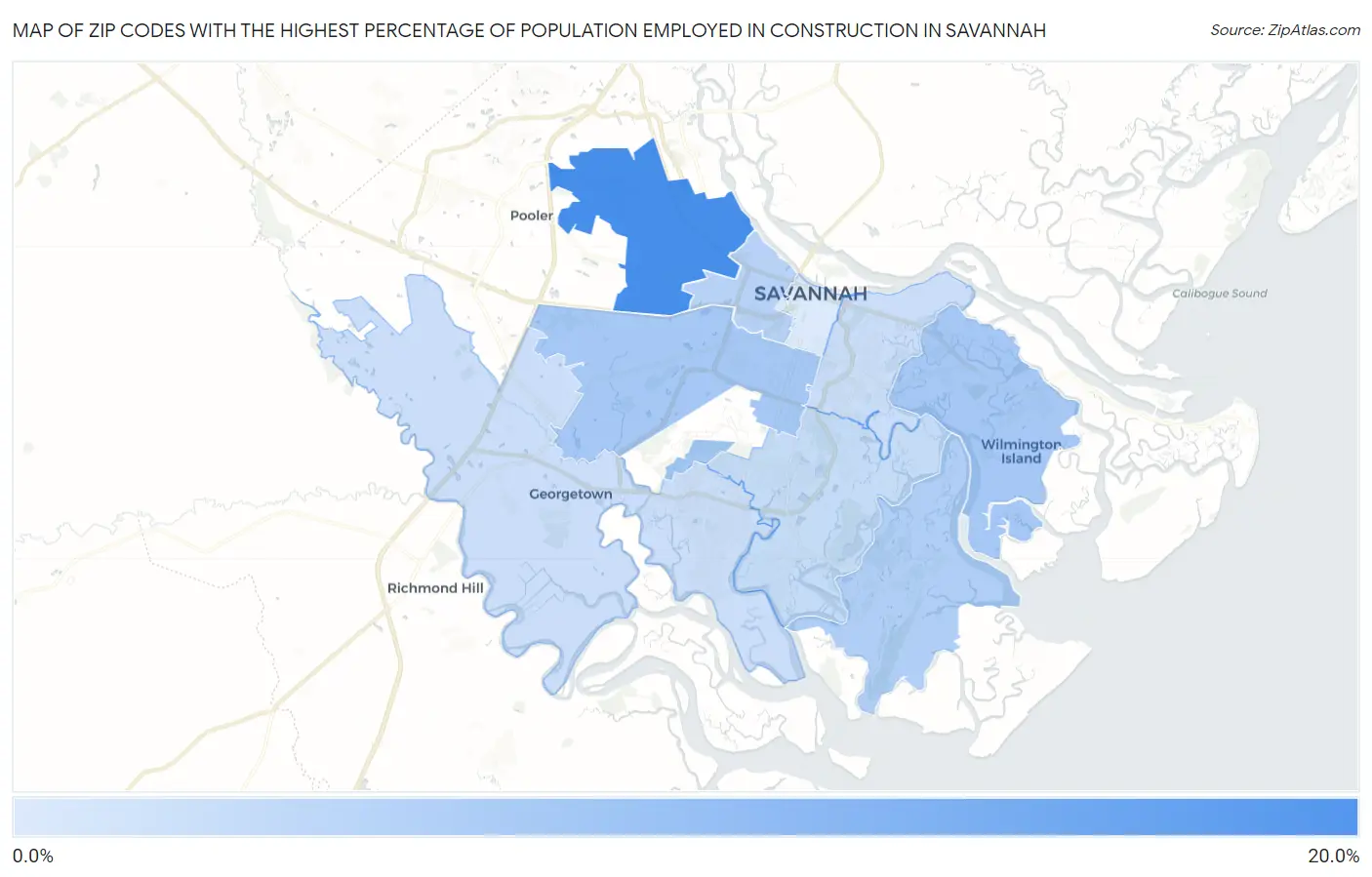 Zip Codes with the Highest Percentage of Population Employed in Construction in Savannah Map