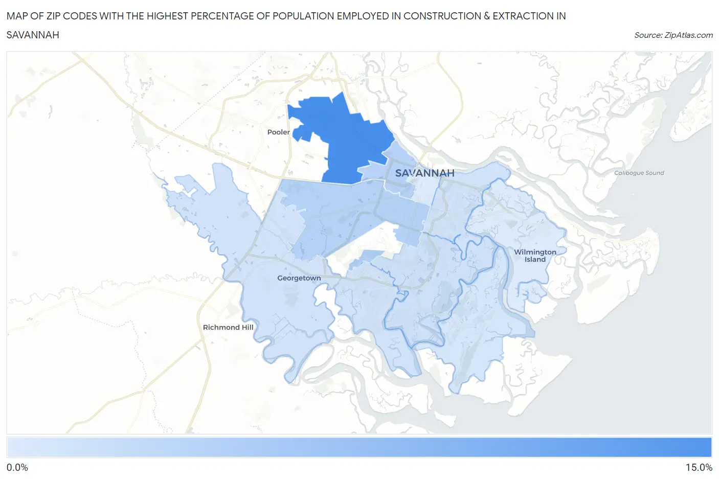 Zip Codes with the Highest Percentage of Population Employed in Construction & Extraction in Savannah Map