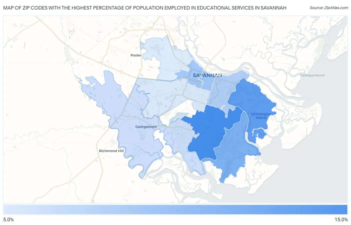 Zip Codes with the Highest Percentage of Population Employed in Educational Services in Savannah Map