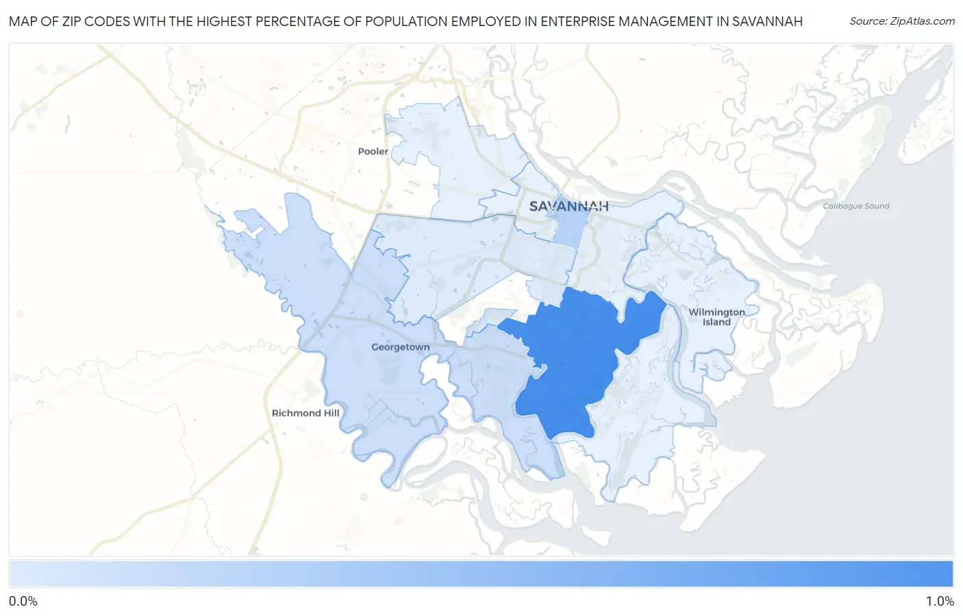 Zip Codes with the Highest Percentage of Population Employed in Enterprise Management in Savannah Map