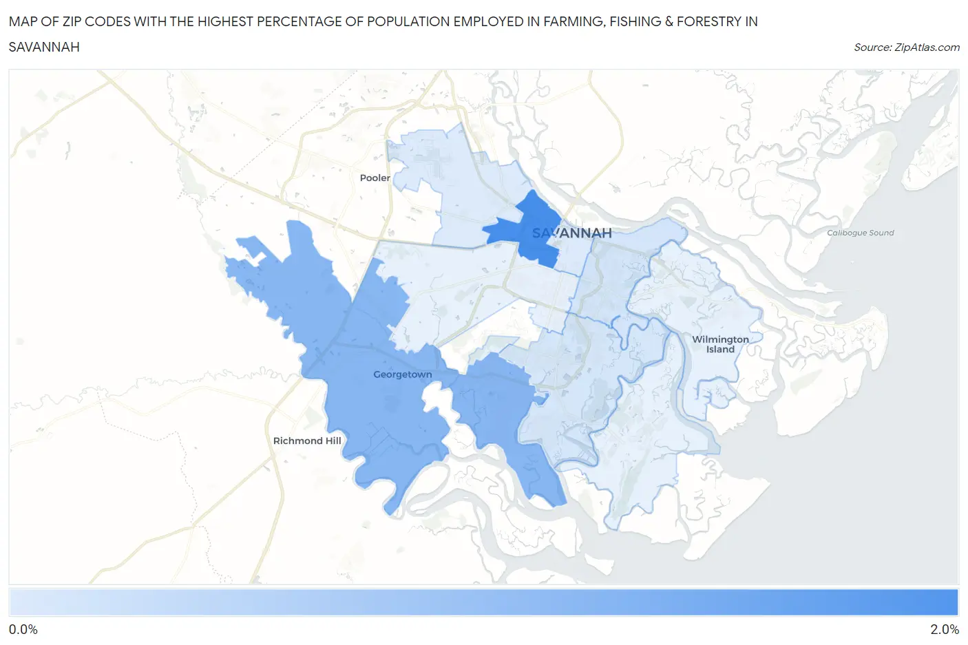 Zip Codes with the Highest Percentage of Population Employed in Farming, Fishing & Forestry in Savannah Map