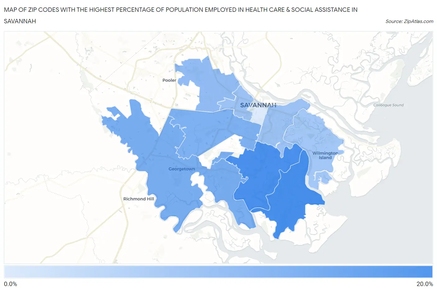 Zip Codes with the Highest Percentage of Population Employed in Health Care & Social Assistance in Savannah Map