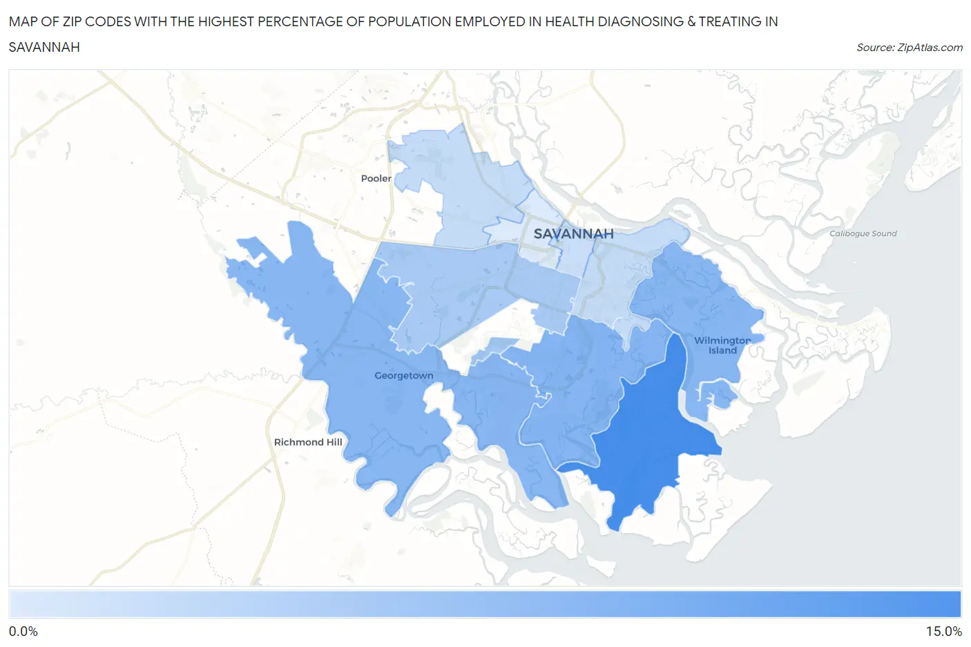 Zip Codes with the Highest Percentage of Population Employed in Health Diagnosing & Treating in Savannah Map