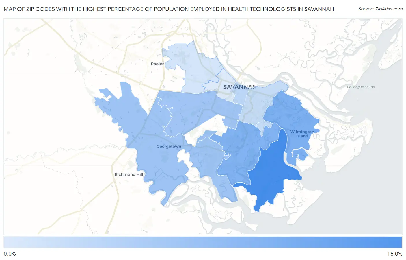 Zip Codes with the Highest Percentage of Population Employed in Health Technologists in Savannah Map