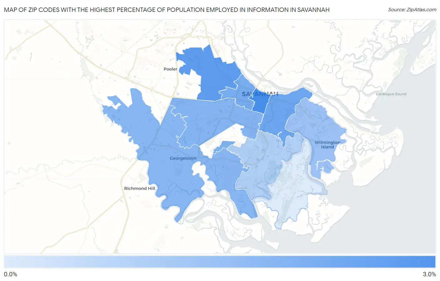Zip Codes with the Highest Percentage of Population Employed in Information in Savannah Map