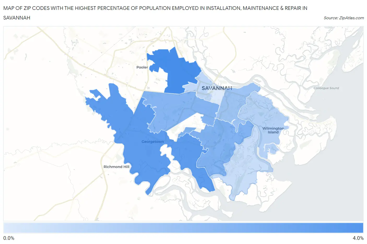 Zip Codes with the Highest Percentage of Population Employed in Installation, Maintenance & Repair in Savannah Map
