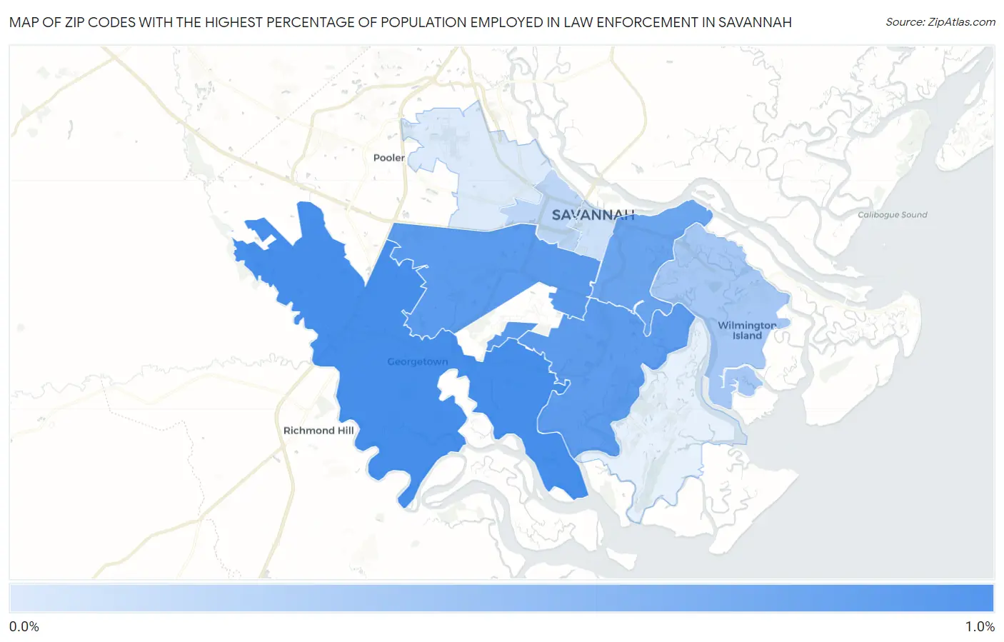 Zip Codes with the Highest Percentage of Population Employed in Law Enforcement in Savannah Map