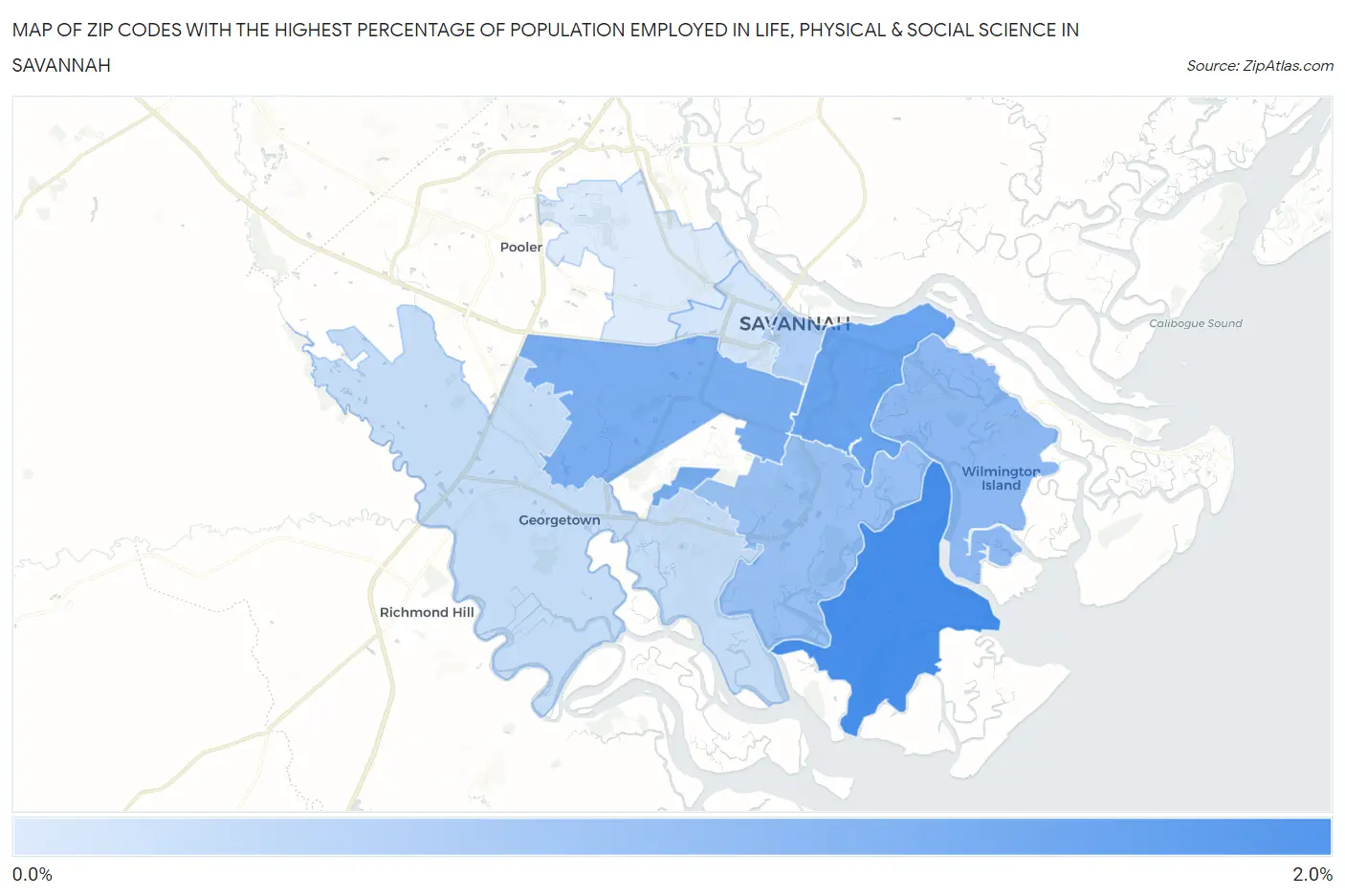 Zip Codes with the Highest Percentage of Population Employed in Life, Physical & Social Science in Savannah Map