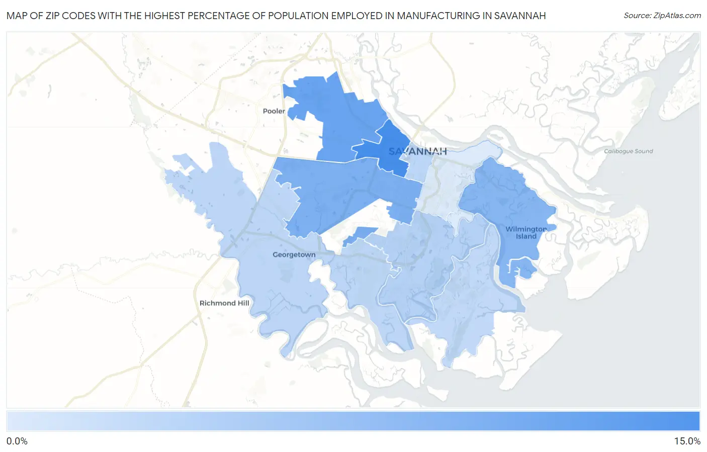Zip Codes with the Highest Percentage of Population Employed in Manufacturing in Savannah Map