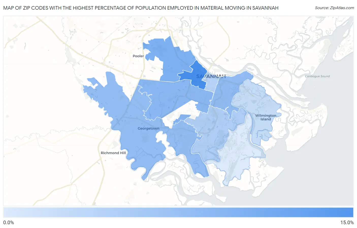 Zip Codes with the Highest Percentage of Population Employed in Material Moving in Savannah Map