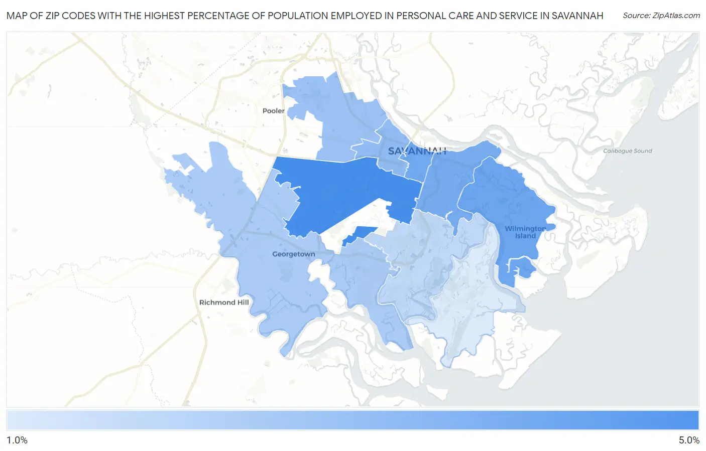 Zip Codes with the Highest Percentage of Population Employed in Personal Care and Service in Savannah Map