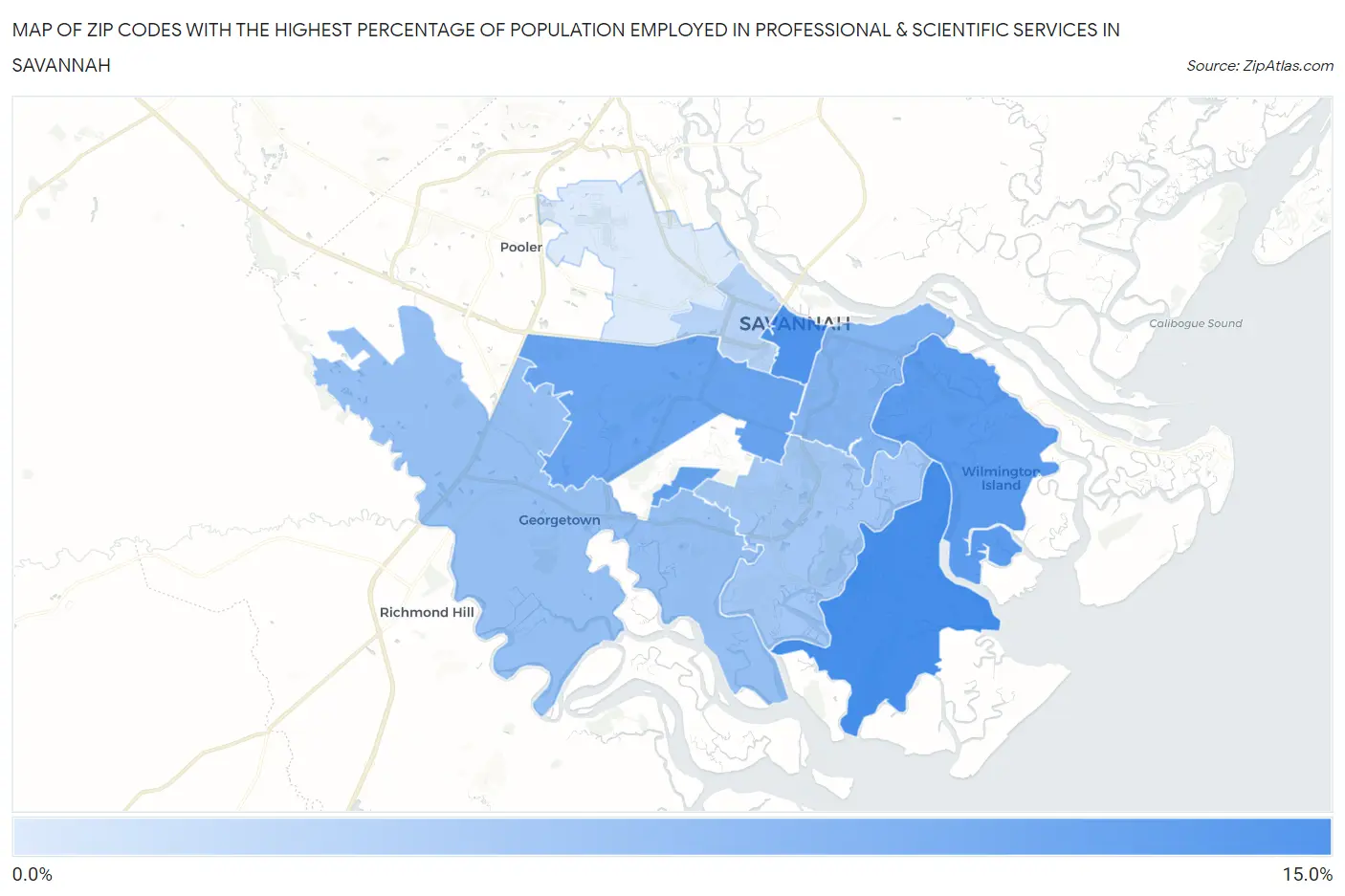 Zip Codes with the Highest Percentage of Population Employed in Professional & Scientific Services in Savannah Map
