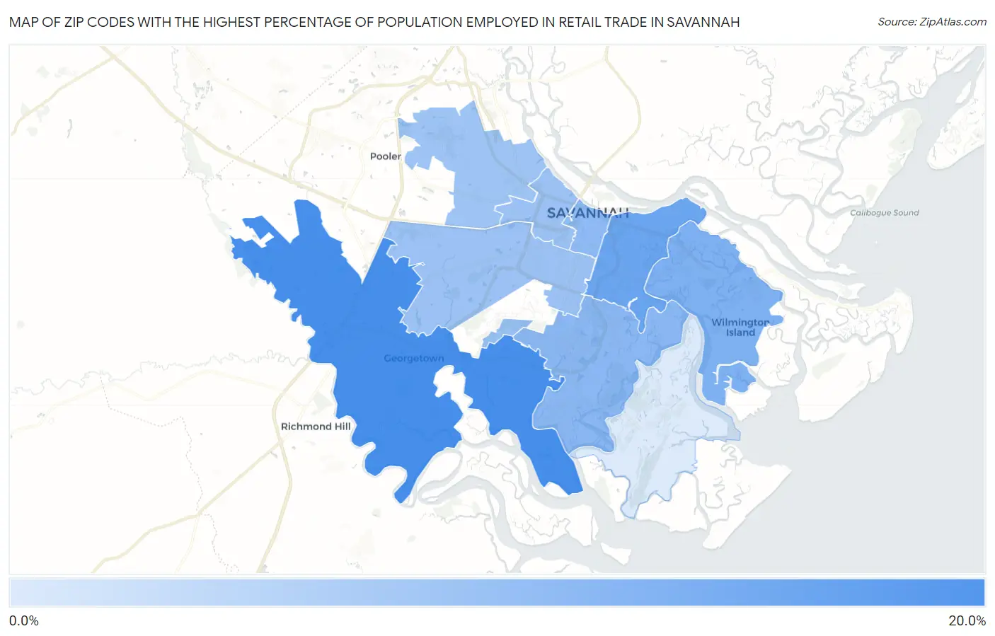Zip Codes with the Highest Percentage of Population Employed in Retail Trade in Savannah Map