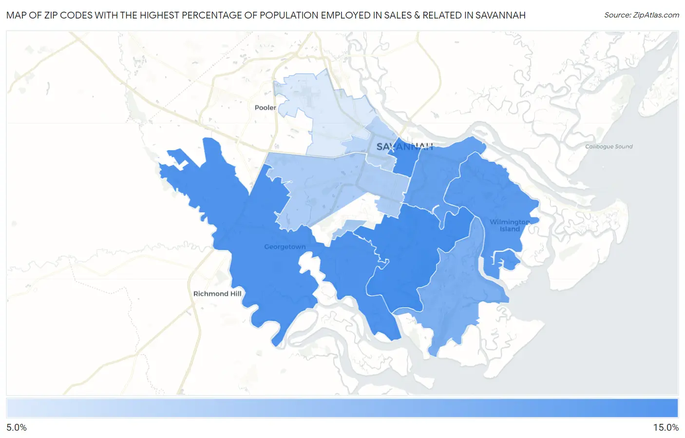 Zip Codes with the Highest Percentage of Population Employed in Sales & Related in Savannah Map