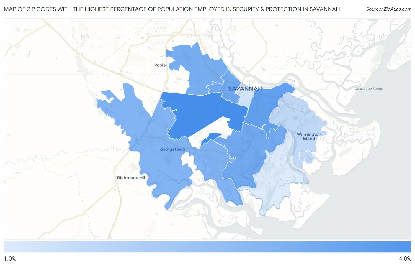 Zip Codes with the Highest Percentage of Population Employed in Security & Protection in Savannah Map